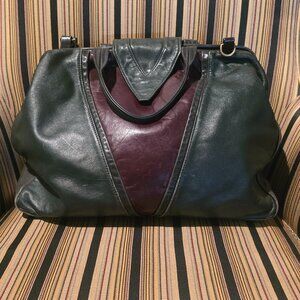Vintage Leather Kiss Frame Satchel, w/ tapestry interior & removable strap